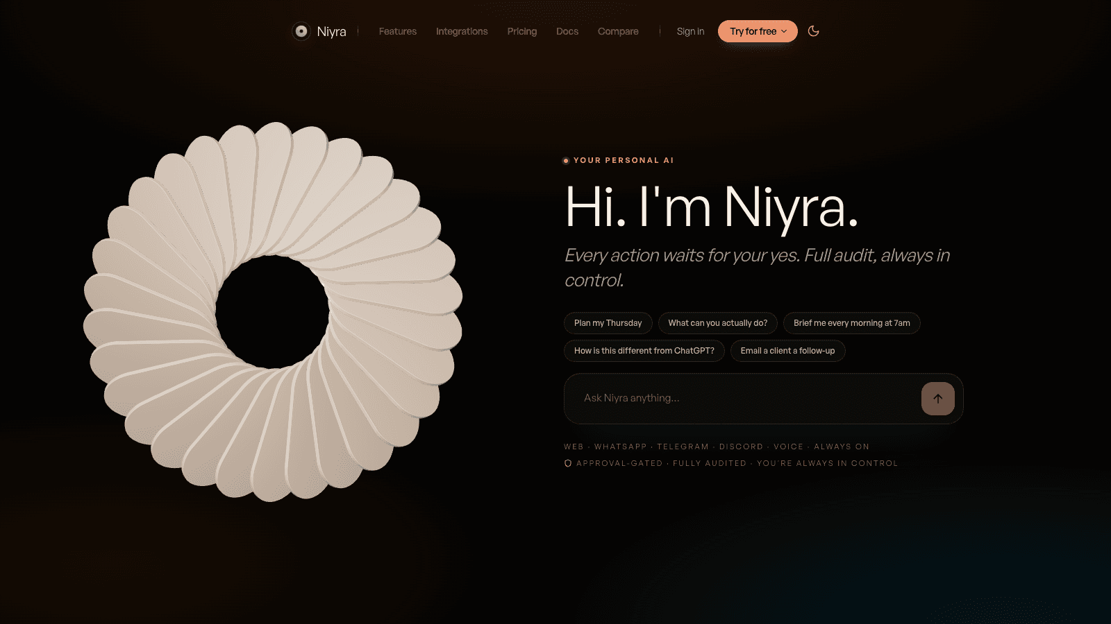 Niyra — WhatsApp/voice thread where it completes a task. Dark UI.